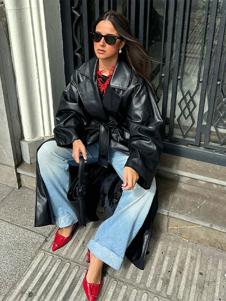 Long Leather Coat with Tie Belt - Sol