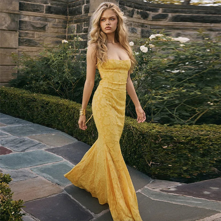 Maxi Chiffon Dress with Leaf Embroidery, Back Tie for Waist Fit - Mona Liz