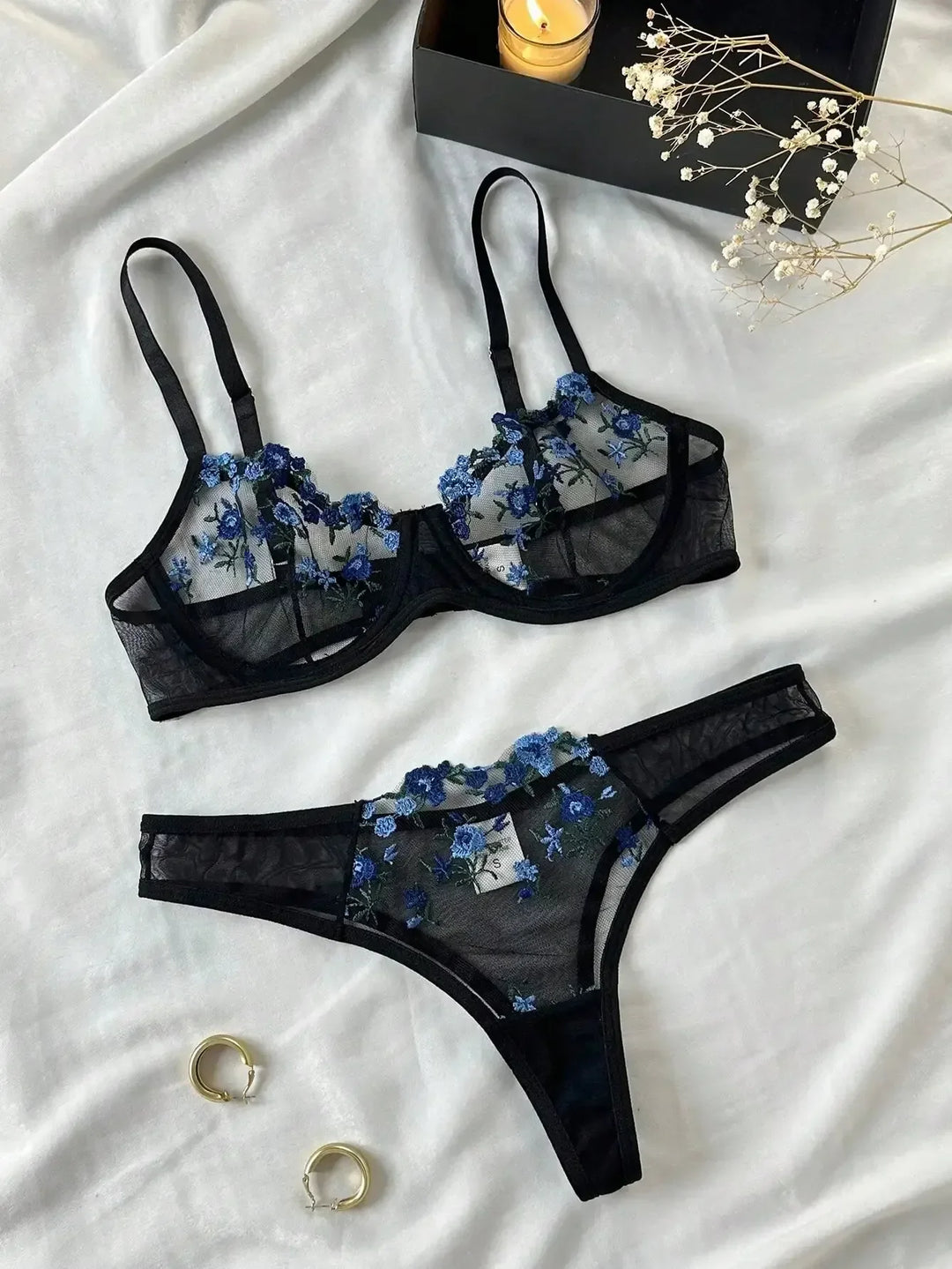 Sheer Floral Design Lingerie Set - Amy