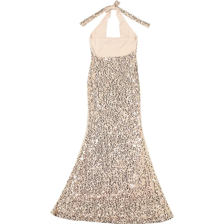 Sequin Maxi Dress with Open Back and Draped Collar - Arabella