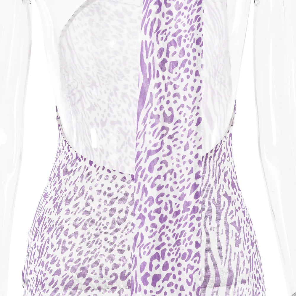 Leopard Print Mesh Maxi Dress with Open Back and Neck Tie - Jessica