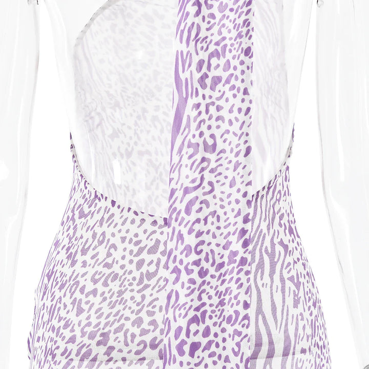 Leopard Print Mesh Maxi Dress with Open Back and Neck Tie - Jessica