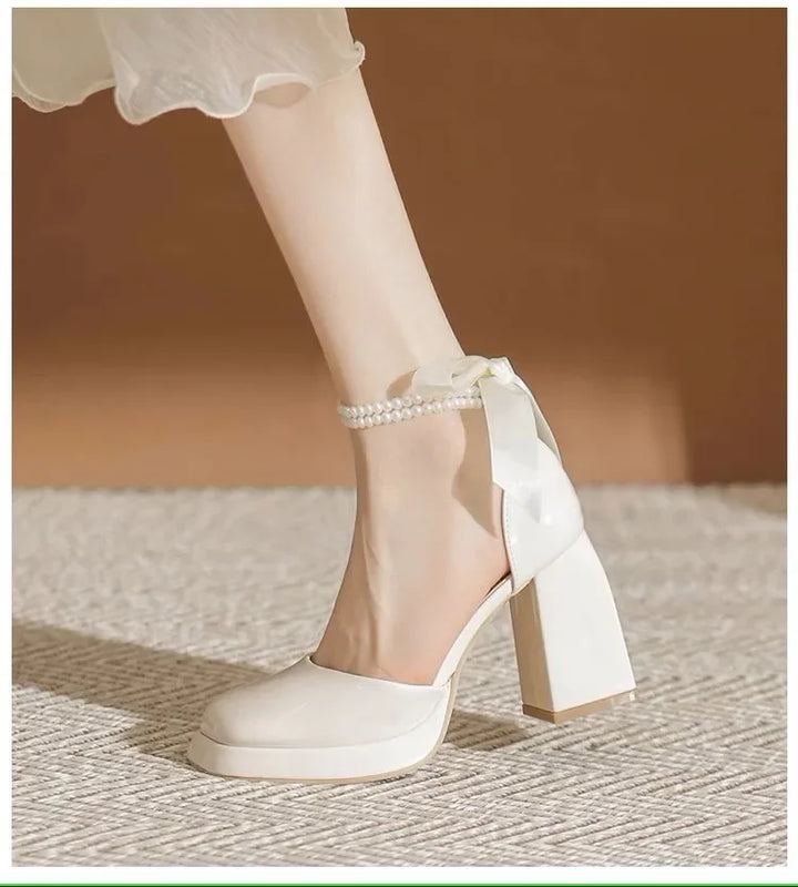 Shiny Faux Leather High Heels with Pearl and Bow Decoration - Vivian