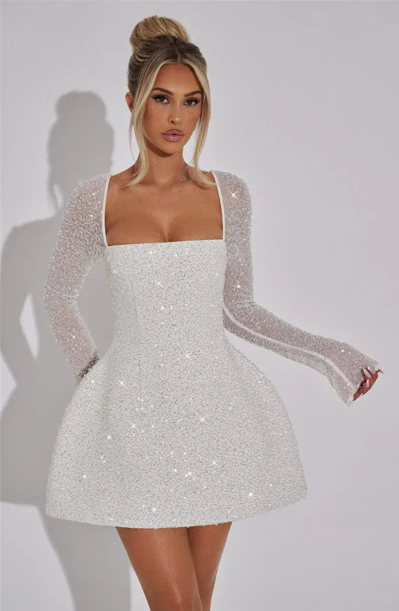 Mini Dress with Sparkling Sequin Embellishment, A-Line, and Mesh Sleeves - Skylar