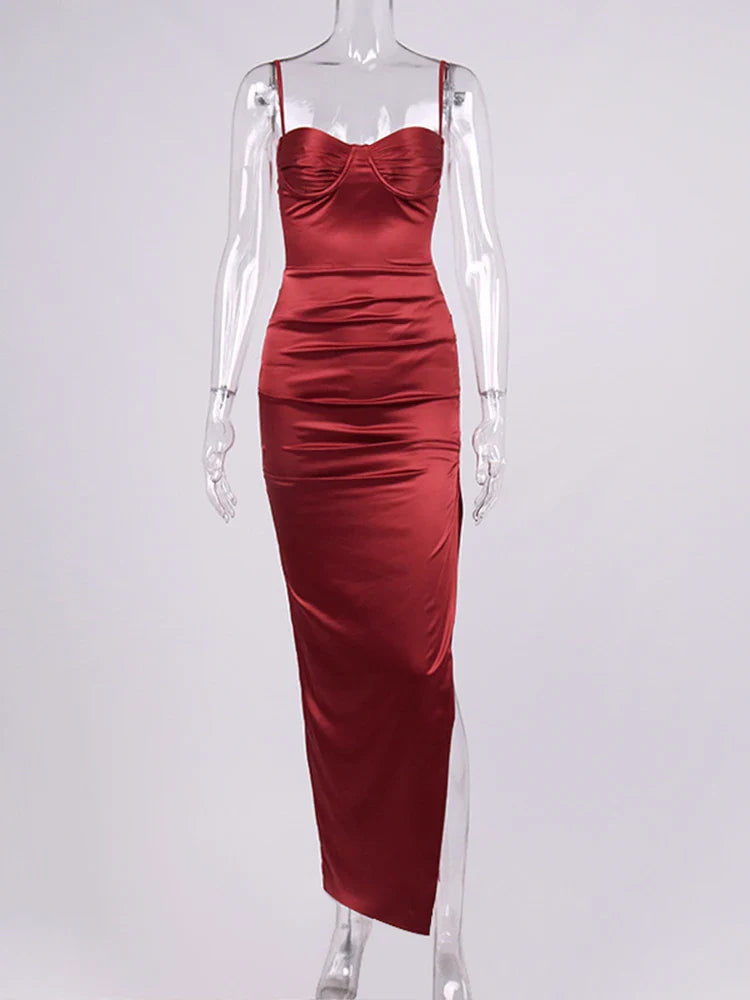 Elegant Satin Maxi Dress with Deep Slit - Venice