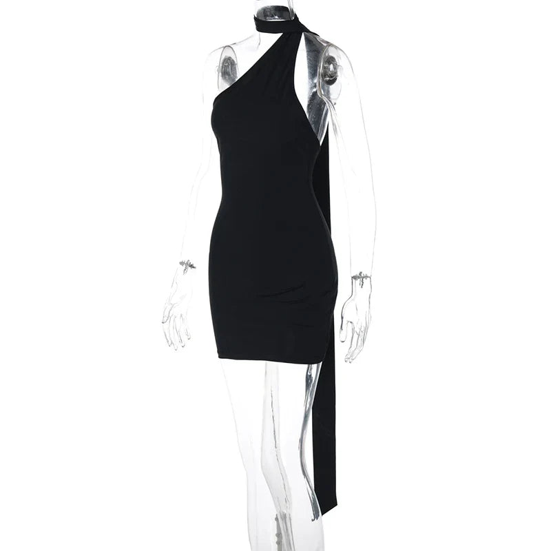 Mini Dress with Open Back, Asymmetric Collar, and Neck Tie Decoration - Rain
