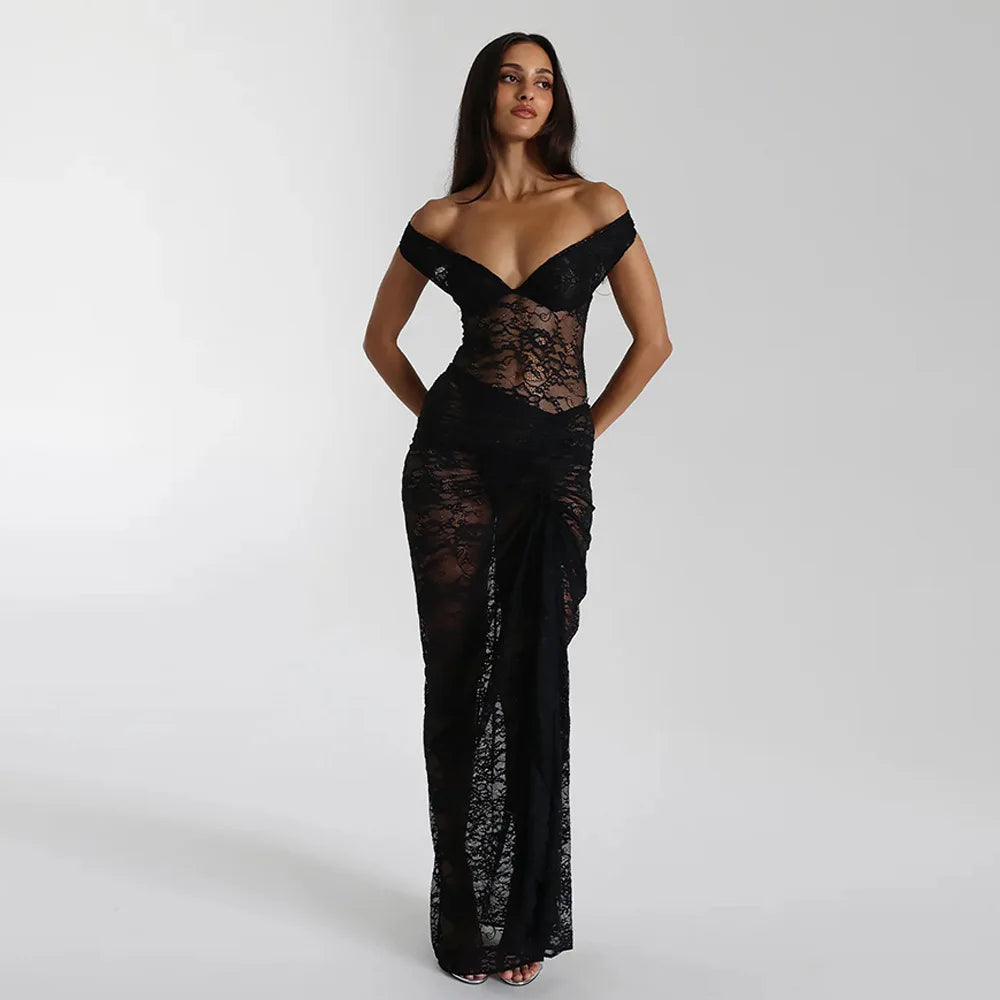 Maxi Lace Dress with Off-Shoulder and Slit Design - Emiliana