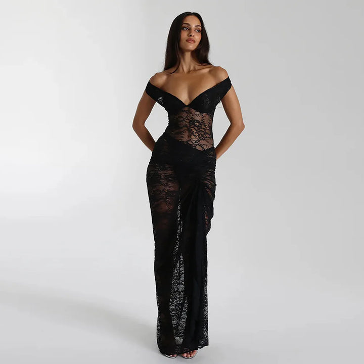 Maxi Lace Dress with Off-Shoulder and Slit Design - Emiliana