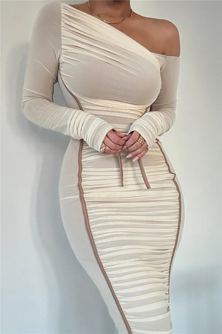 Midi ruched dress with asymmetrical neckline - LOV