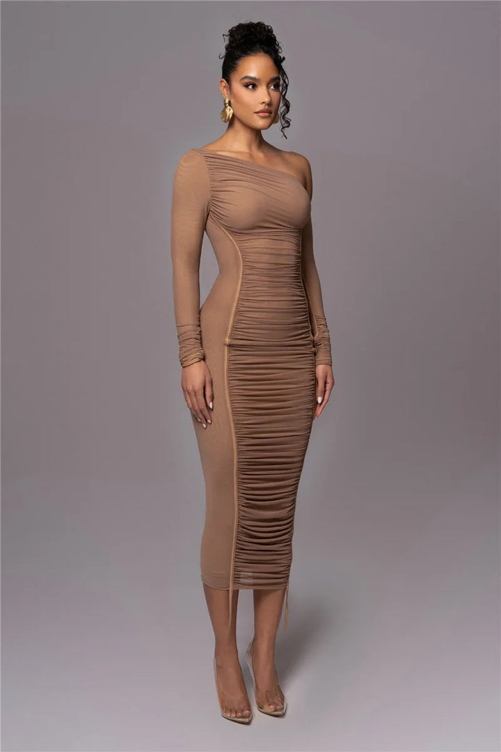 Midi ruched dress with asymmetrical neckline - LOV