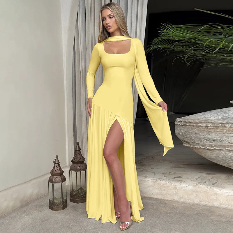Elegant Maxi Dress with Slit and Scarf Decoration - RONA LI