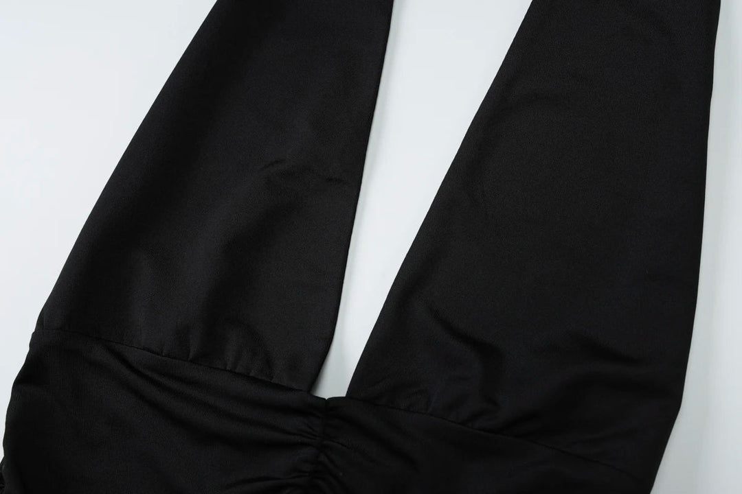 Maxi Dress with Collar, Ruching, Fitted V-Neck, Open Back - Jimena