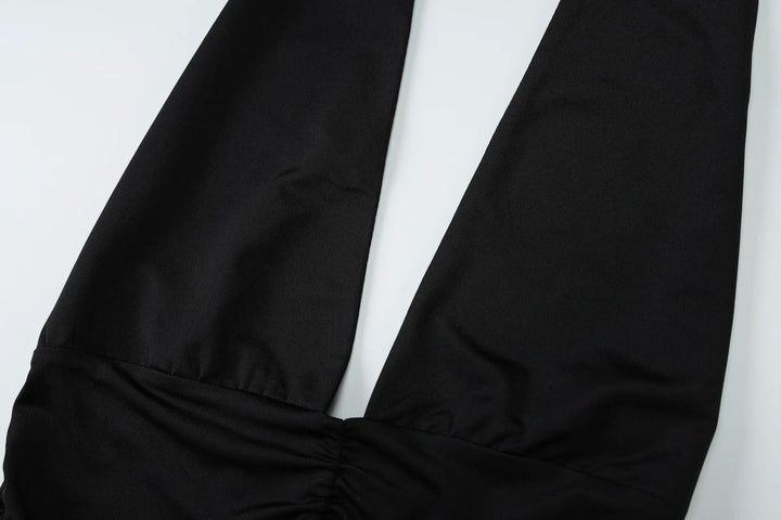 Maxi Dress with Collar, Ruching, Fitted V-Neck, Open Back - Jimena