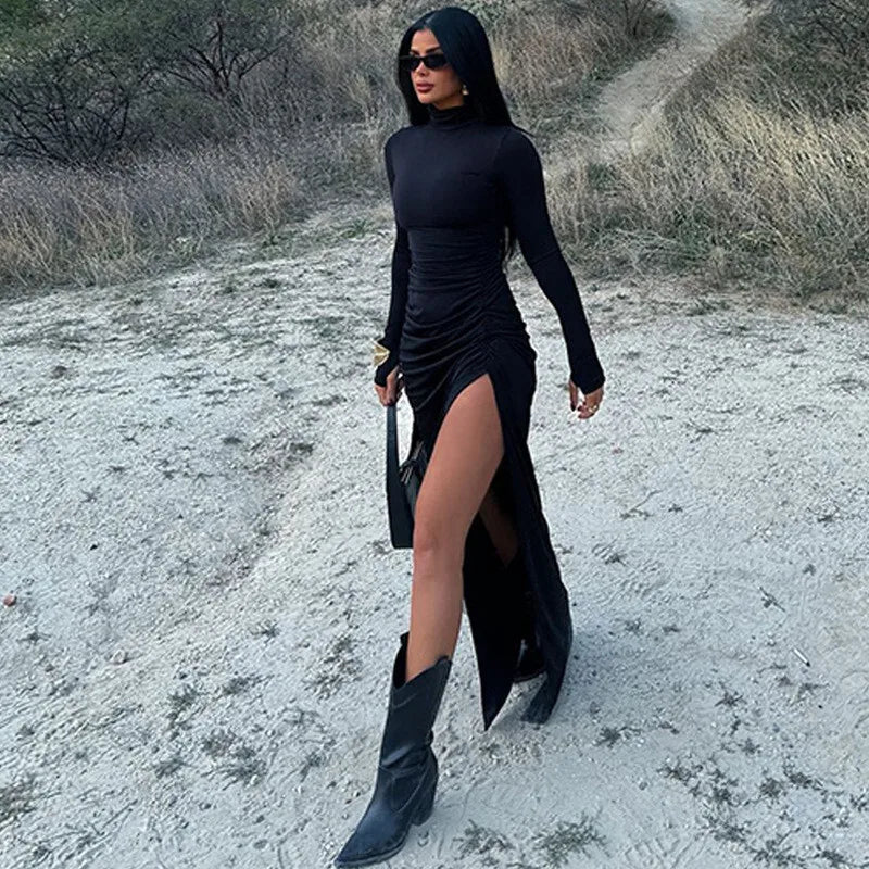 Maxi Dress with Ruching, Turtleneck, and Deep Slit - Sasha