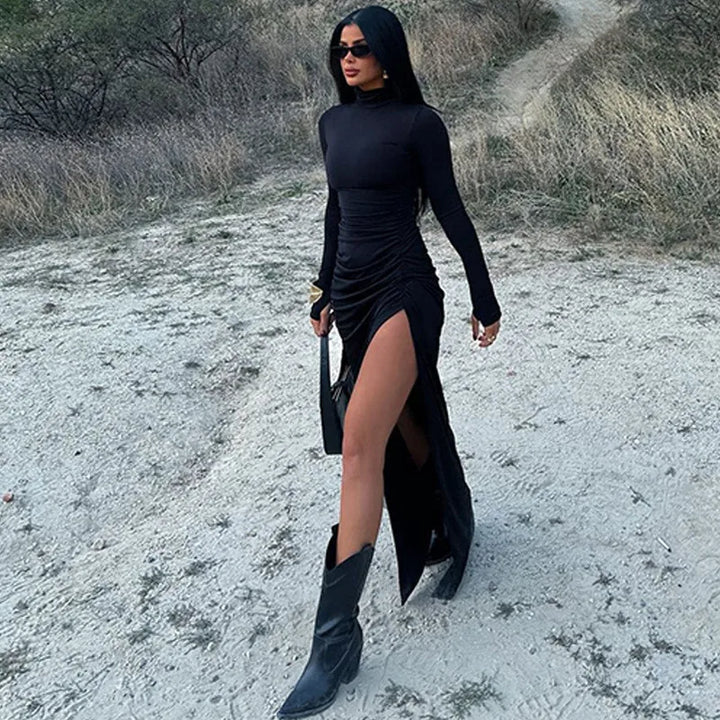 Maxi Dress with Ruching, Turtleneck, and Deep Slit - Sasha