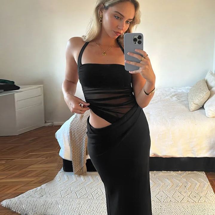Satin Maxi Dress with Gathered Mesh Top and Open Back - Arya