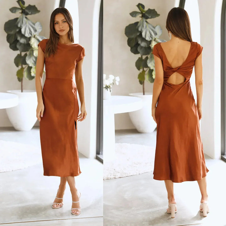 Midi satin dress with slit and open back design - Shray