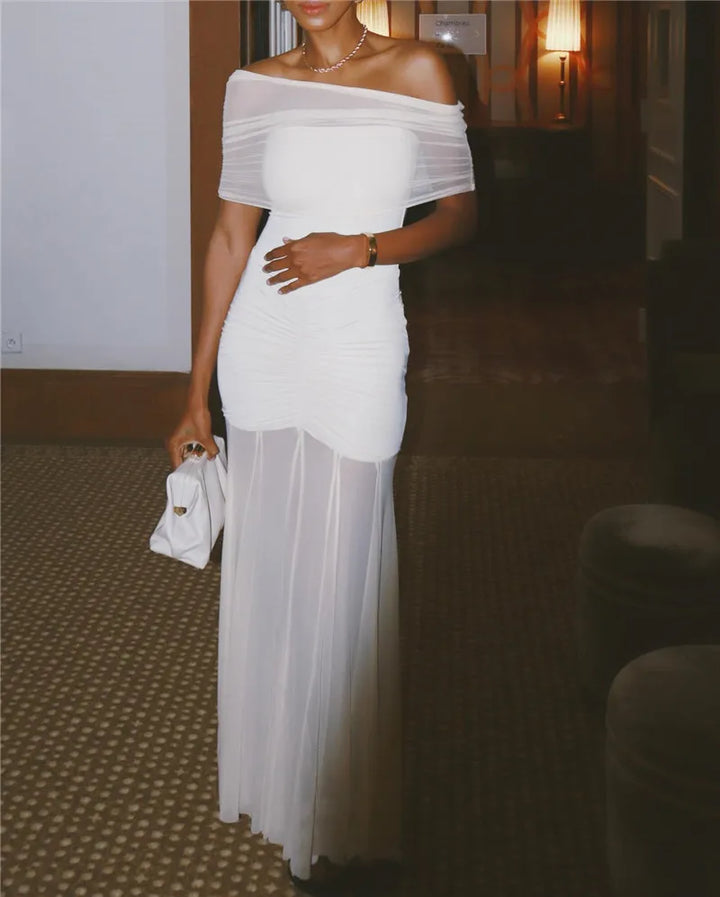 Chiffon Maxi Dress with Gathered Off-the-Shoulder Design - Delilah