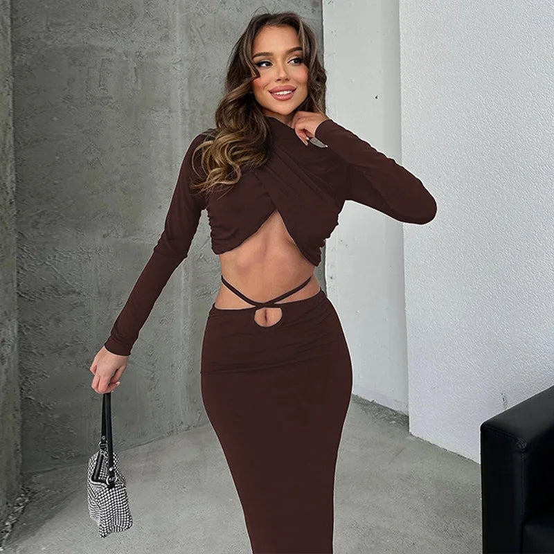 Two-piece set cross turtleneck top and maxi skirt with cross design at waist - Morena