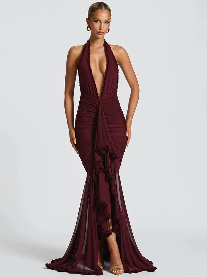 Maxi chiffon dress with ruffles, tie neck, and open back - MARGARITA