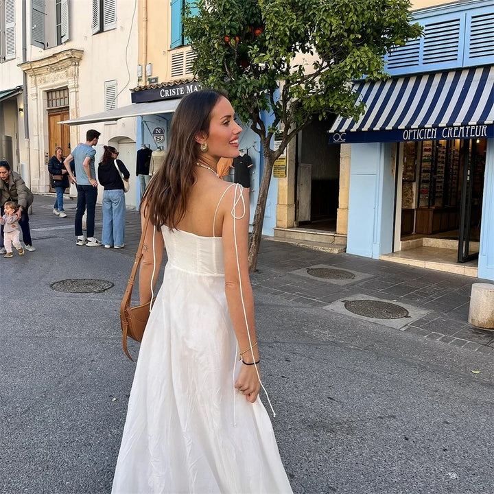 Ruffled Maxi Dress with A-Line Cut and Tie Straps - Allie