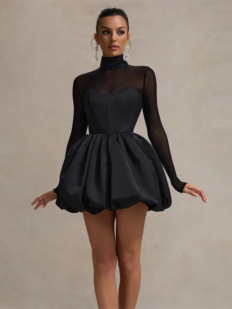 Balloon satin mini dress with mesh and half turtleneck design - Moran