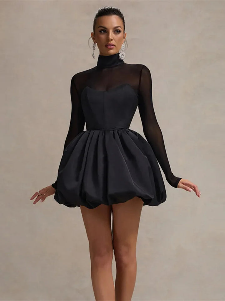 Balloon satin mini dress with mesh and half turtleneck design - Moran