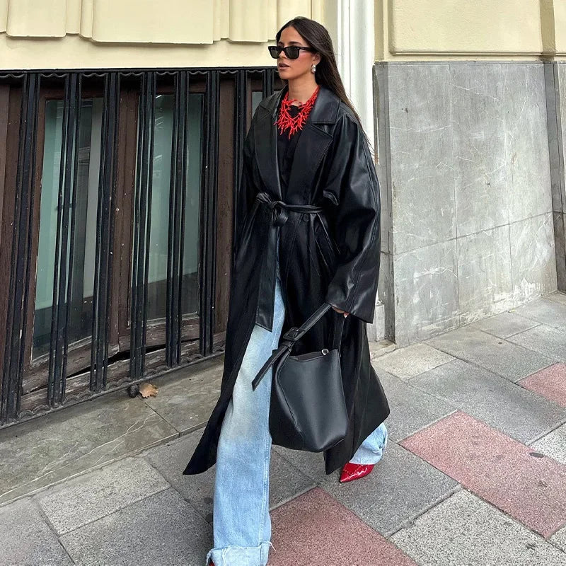 Long Leather Coat with Tie Belt - Sol