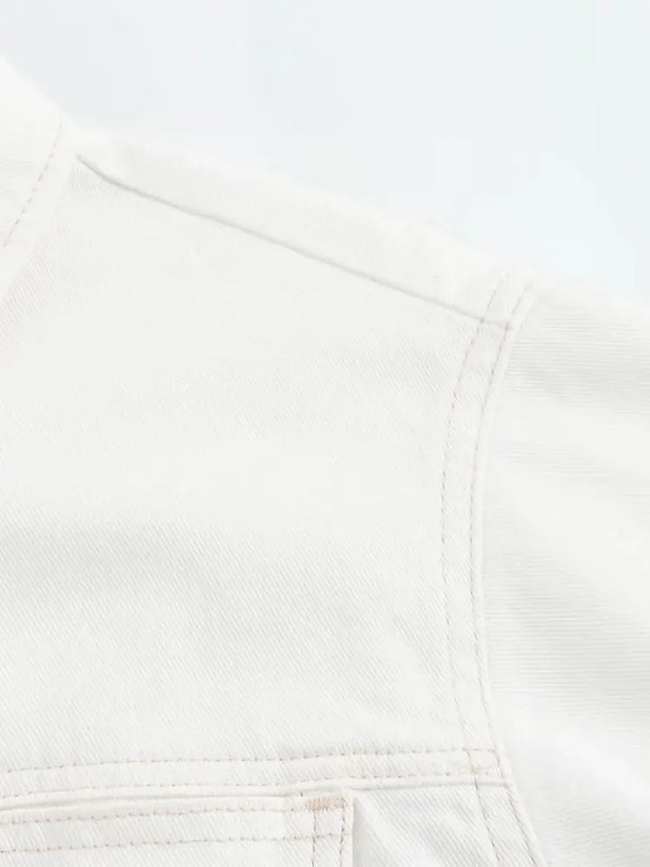 Two-Piece White Denim Set with Mini Skirt Pants and Buttoned Polo Collar Blazer - Genesis