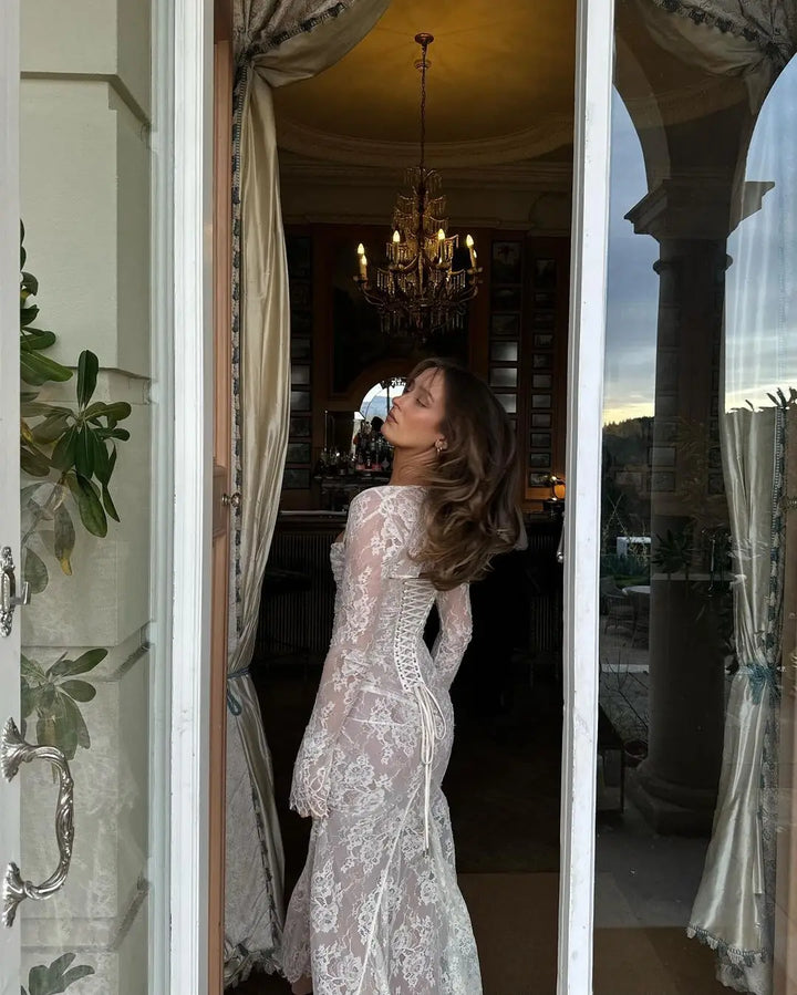 Elegant Maxi Lace Dress with Lace Sleeve Overlay - Ilia