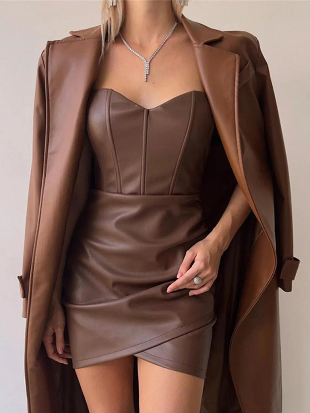 Strapless Faux Leather Mini Dress with Ruched Corset Design - AVA