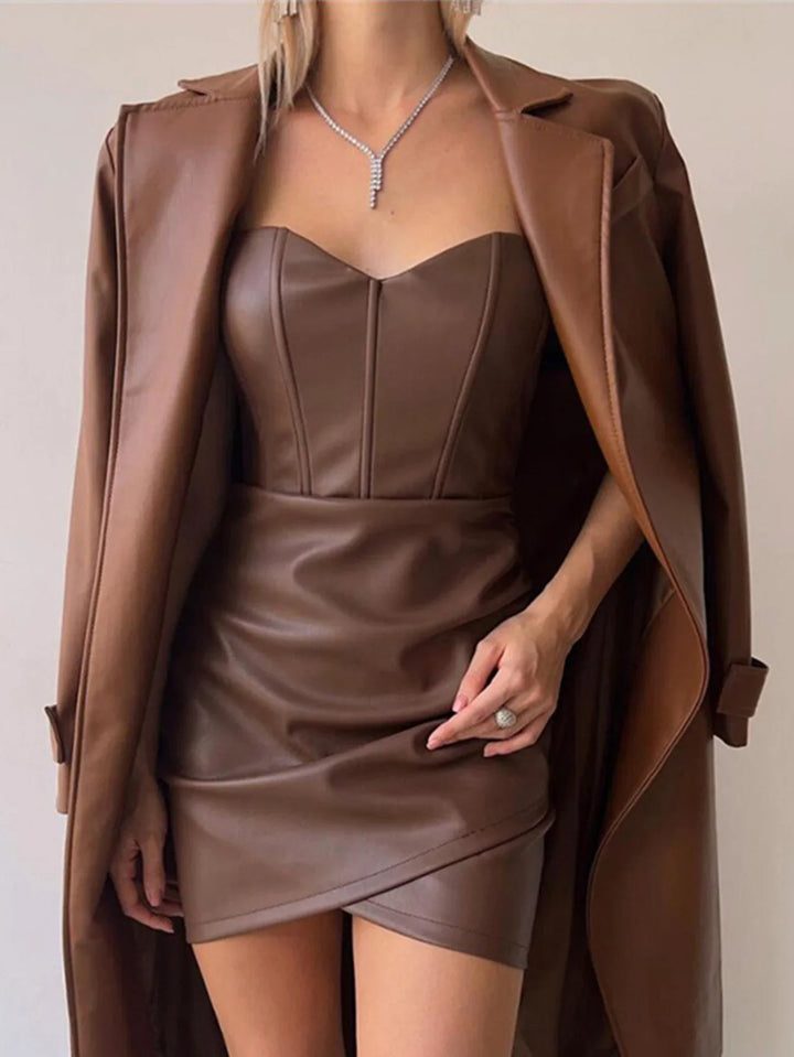 Strapless Faux Leather Mini Dress with Ruched Corset Design - AVA