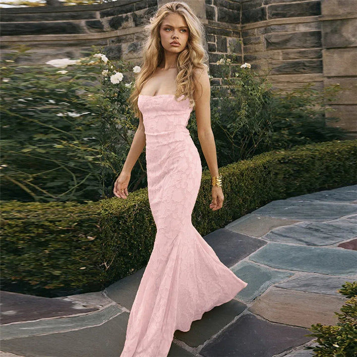 Maxi Chiffon Dress with Leaf Embroidery, Back Tie for Waist Fit - Mona Liz