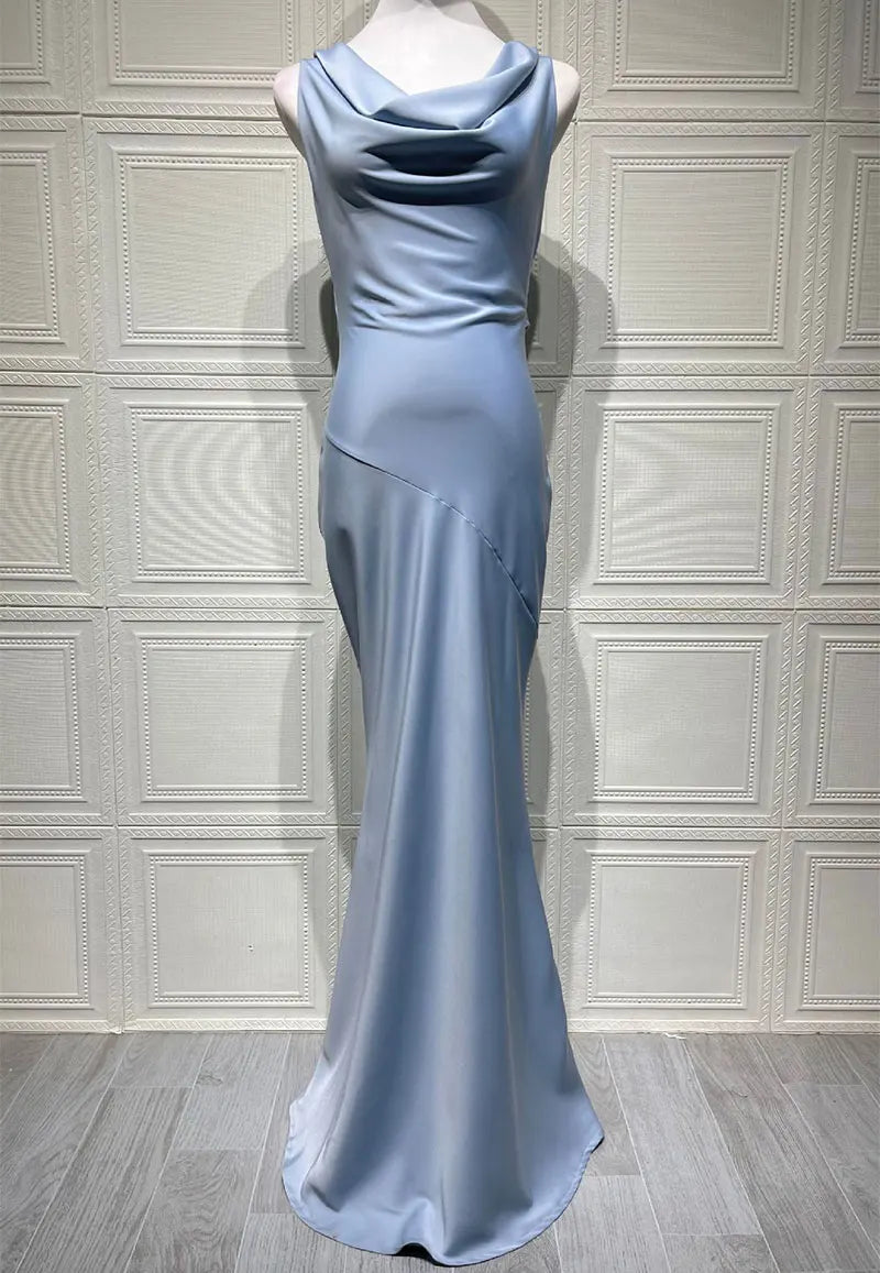 Maxi satin dress with draped collar and open back - Alexis