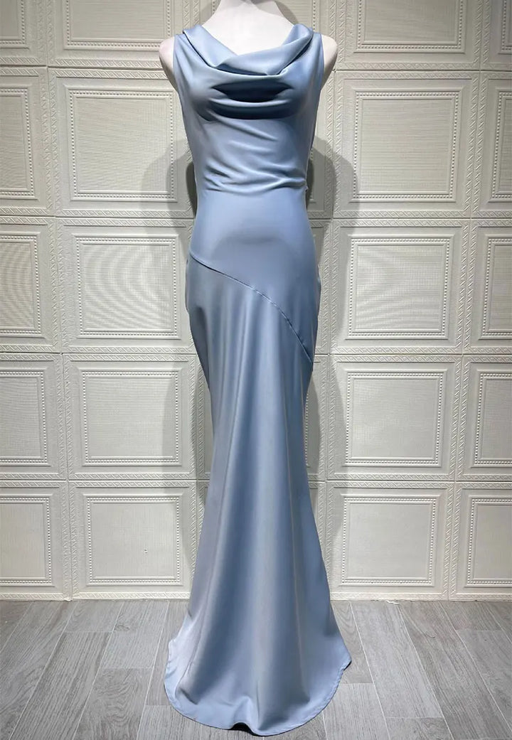 Maxi satin dress with draped collar and open back - Alexis