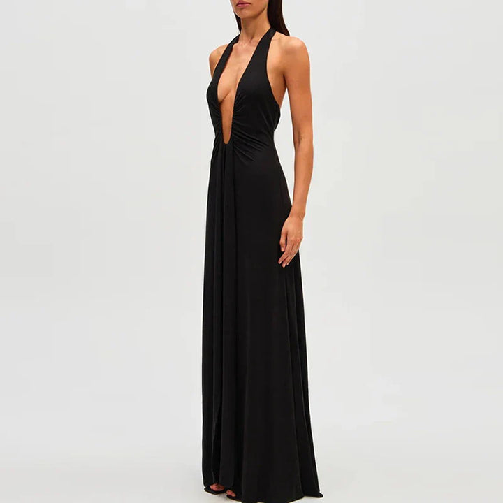 Maxi dress with deep neckline and open back - Alma