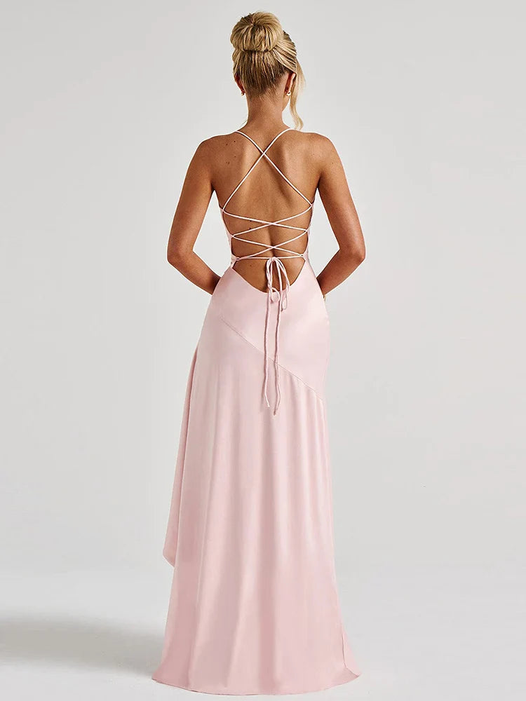 Satin ruffled maxi dress with back ties - Fabiola