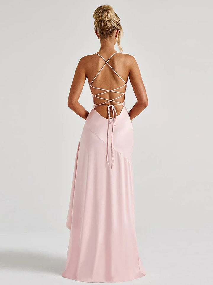 Satin ruffled maxi dress with back ties - Fabiola