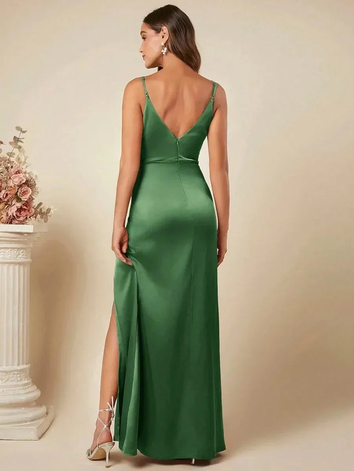 Elegant Maxi Satin Dress with Slit Detail - Reina