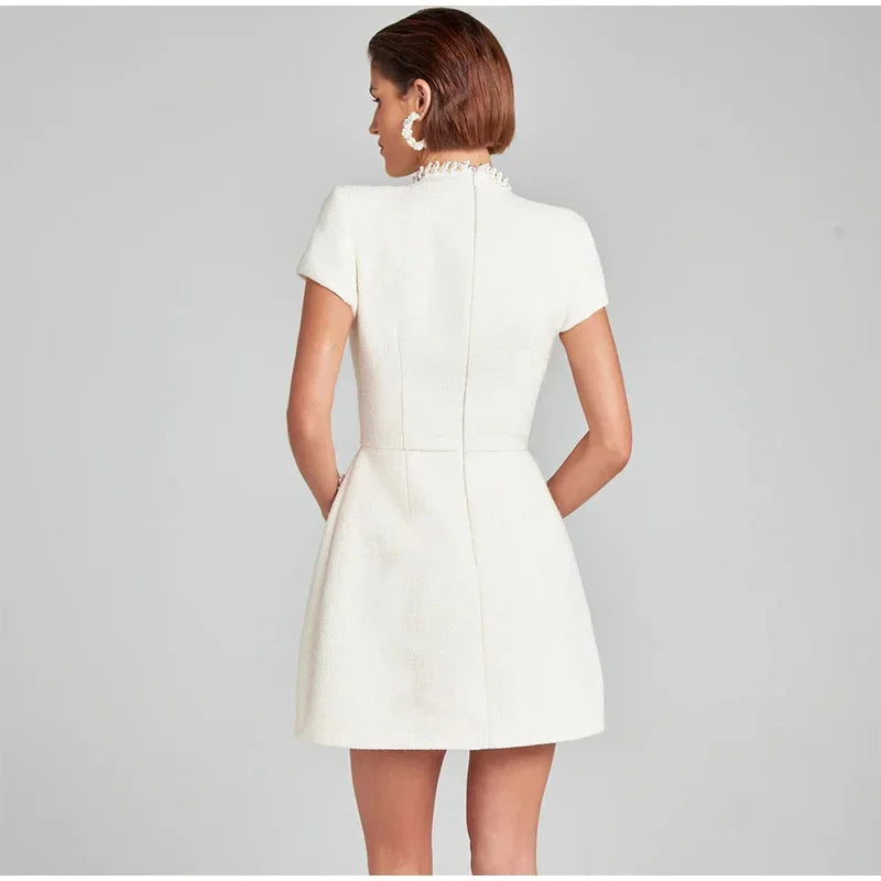 Elegant Mini Dress with Short/Long Sleeves, Tailored Style, Woven Fabric with Sequin and Pearl Embellishment - Lucia