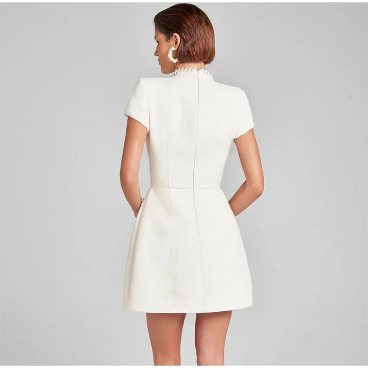 Elegant Mini Dress with Short/Long Sleeves, Tailored Style, Woven Fabric with Sequin and Pearl Embellishment - Lucia