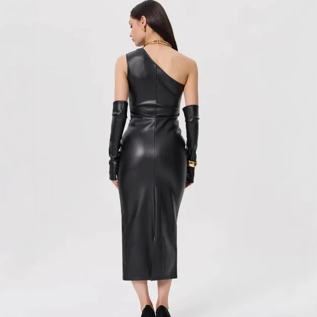 One-Shoulder Faux Leather Maxi Dress with Glove Detail - Thea