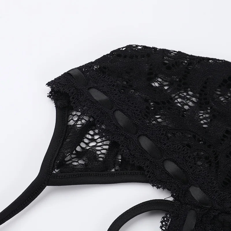 Short lace jumpsuit with long sleeves, hoop design, and open back - Hunter