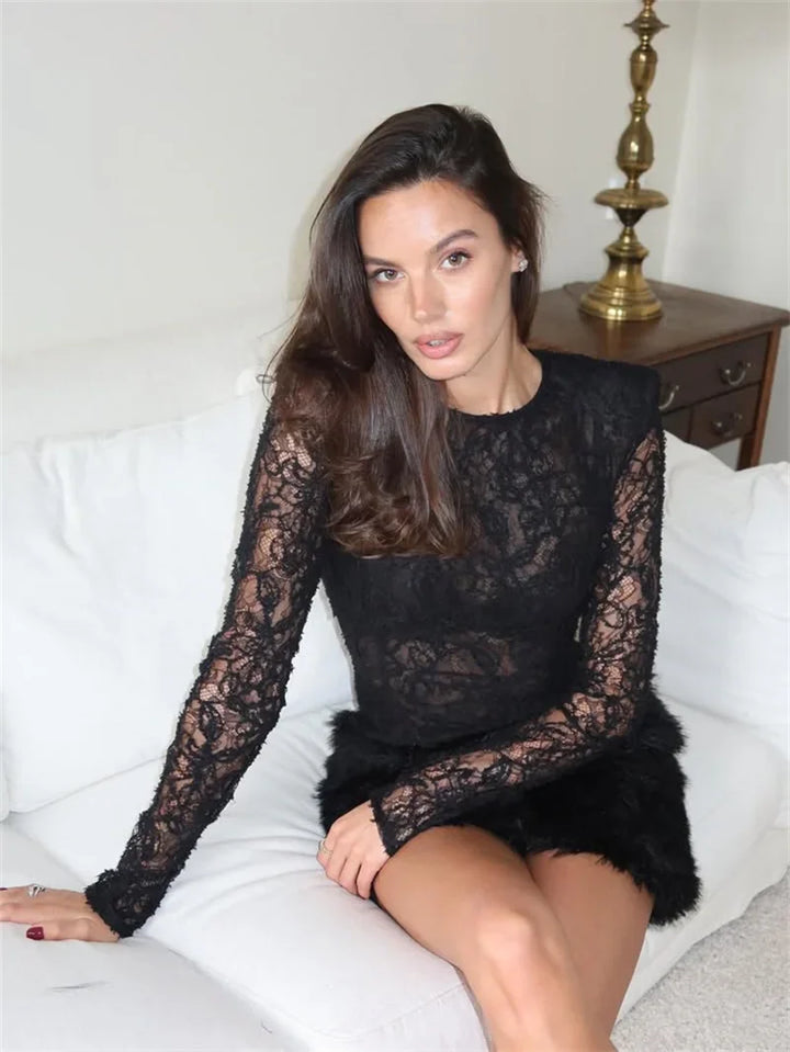 Mini lace dress with fur design - FRANCIS