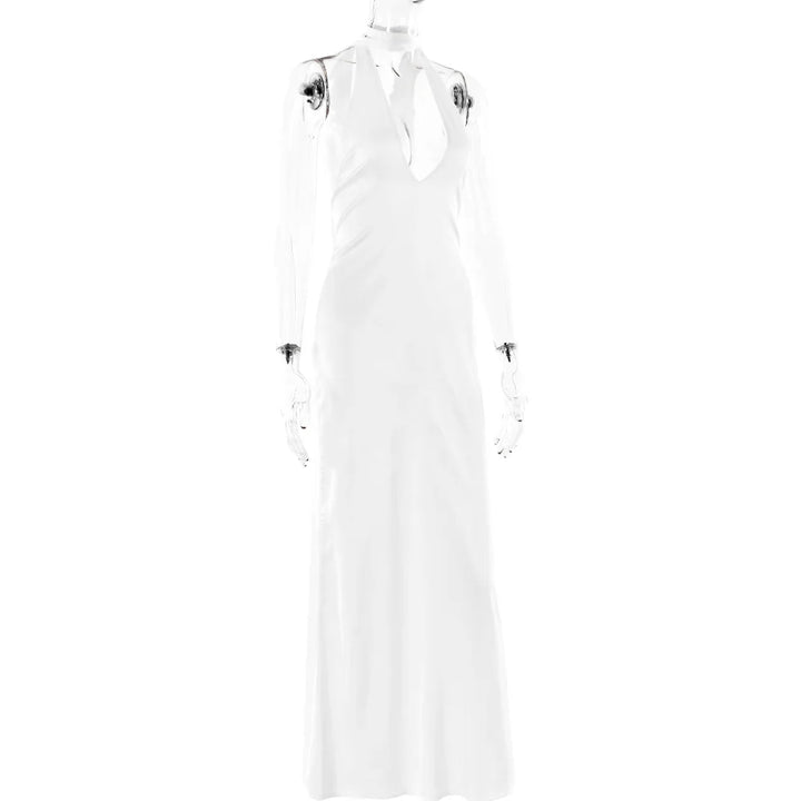 Satin Dress with Deep Neckline and Neck Tie - Paulina
