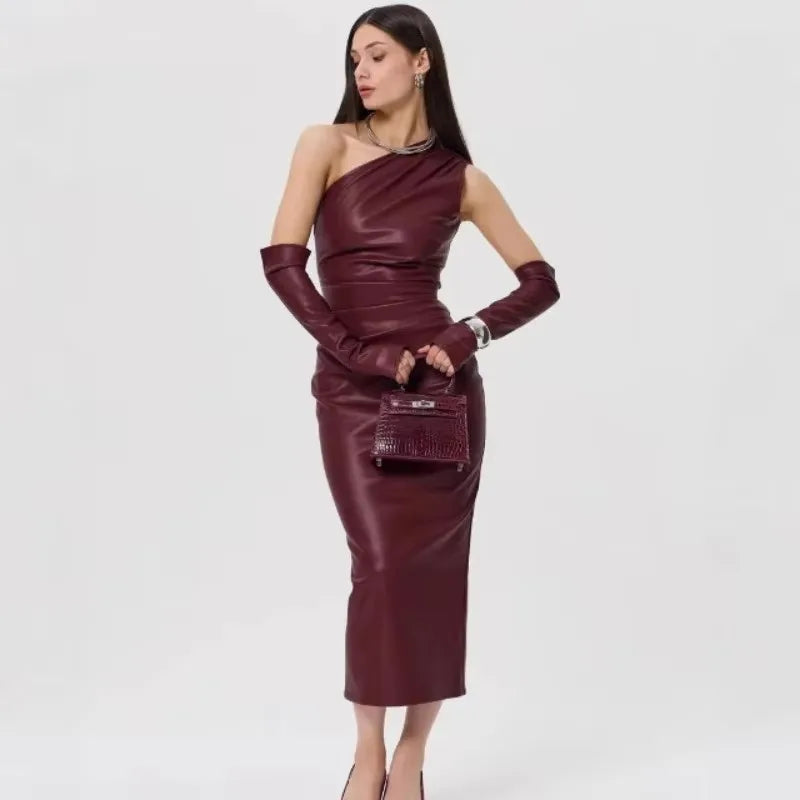 One-Shoulder Faux Leather Maxi Dress with Glove Detail - Thea
