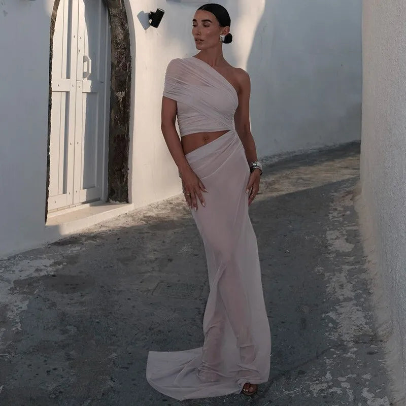 Asymmetric Chiffon Maxi Dress with Slit - Shi Lin