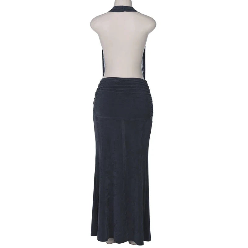 Knitted Suede Maxi Dress with Draped Collar, Open Back, and Tie Detail - Michaela