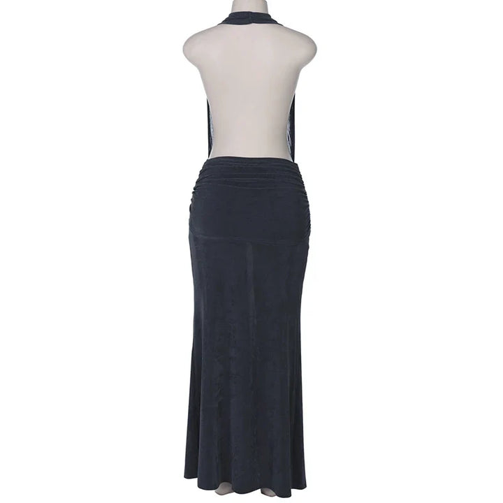 Knitted Suede Maxi Dress with Draped Collar, Open Back, and Tie Detail - Michaela