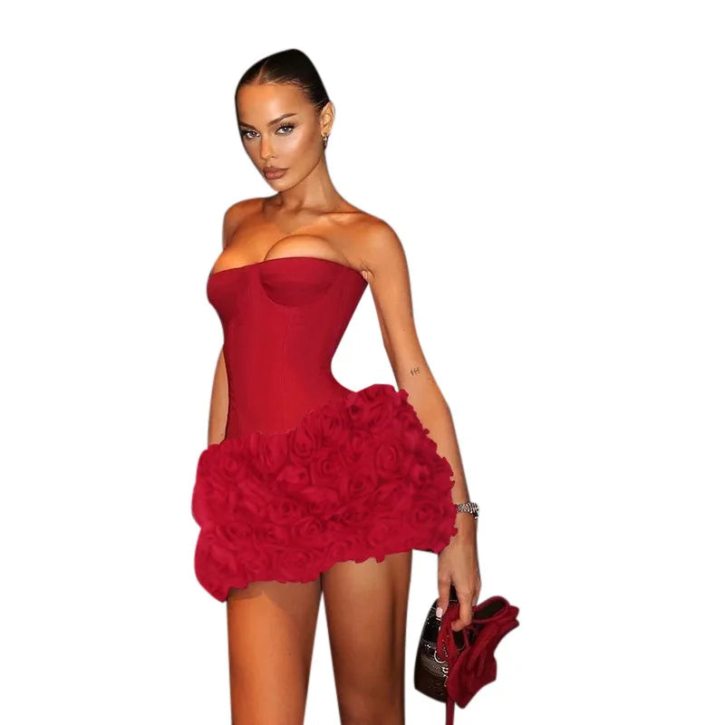 Strapless mini dress with corset design and 3D floral skirt - Loretta